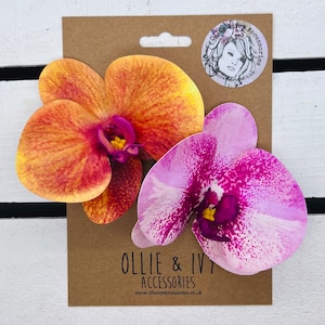 Tropical pink and orange orchid flower crocodile clips set x 2, Gift, splash proof, Hawaiian, tiki, beach, pool, vacation, party, pinup.