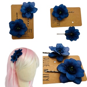 Pretty navy blue flower hair pins. X2, Bobby Pins, Hair grips, Summer hair