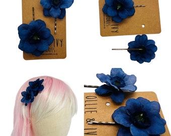 Pretty navy blue flower hair pins. X2, Bobby Pins, Hair grips, Summer hair