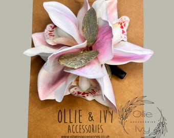 Pin Up Large Orchid Flower Crocodile Clip Light Pink hair flower.