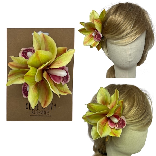 Barrette à cheveux orchidée. Barrette à cheveux fleurie. Fleurs pour cheveux. Superbe barrette orchidée verte et rose montée sur une pince crocodile. Cadeau