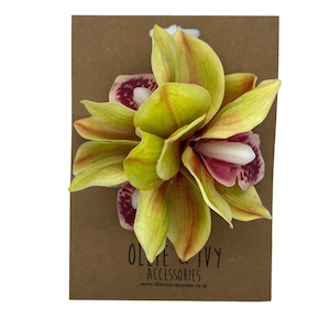 Pinza para el cabello con flor de orquídea grande Pin Up, flor para el cabello de boda verde lima tropical, flor para el cabello de festival, flor para el cabello de fiesta, flor para el cabello hawaiana