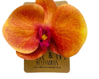 1x realistic, real touch, faux flower, orchid hair grip, hair flower, crocodile clip, tiki, Hawaiian, vacation, festival, wedding, orange