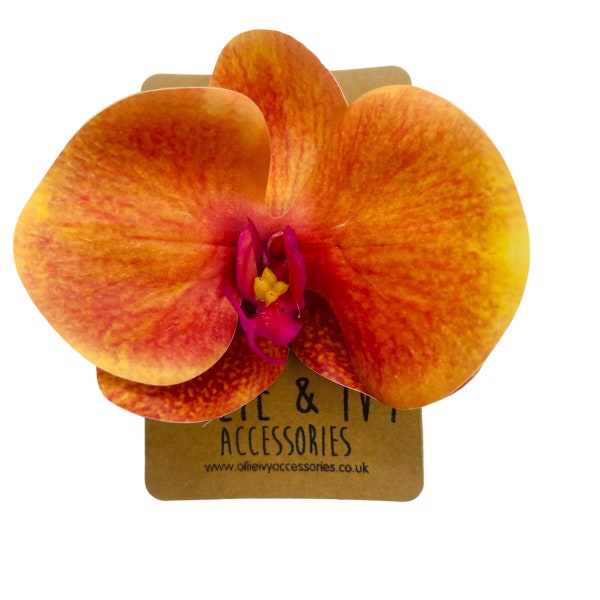 1x realistic, real touch, faux flower, orchid hair grip, hair flower, crocodile clip, tiki, Hawaiian, vacation, festival, wedding, orange