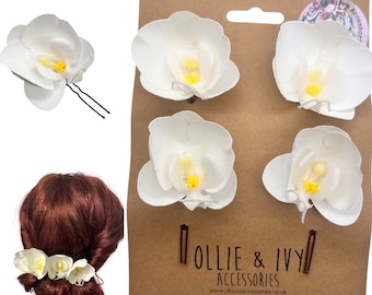 Pretty white mini orchid flower u pins, bobby pin,  hair clips set (x 4) bridal