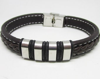 Men's leather and steel bracelet