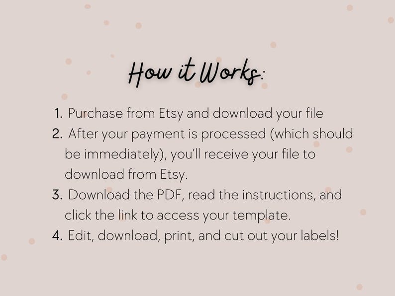 May include: A text-based image explaining how to purchase and download a digital product from Etsy. The steps include purchasing the product, downloading the PDF file, reading the instructions, and accessing the template.