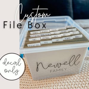 May include: A clear plastic file box with a white label that says "newell FAMILY" in black cursive writing. The box is filled with hanging file folders, each with a white label with a different category written on it. The labels include "Business", "Retirement", "Bills", "Tax Forms", "Pets", "Health Insurance Medical Records", "Photos", "Safe Deposit", "Manuals", "Family", "Keepsakes", "Cars", "Passwords", "House", "Mortgage Docs", and "Docs".