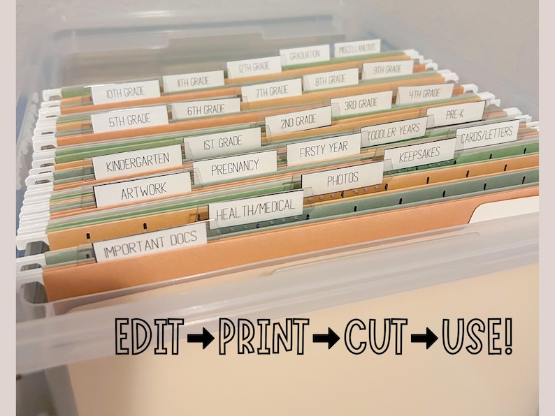 May include: A clear plastic file box with labeled file folders for organizing documents. The labels include categories like "Kindergarten", "1st Grade", "Pregnancy", "Health/Medical", "Important Docs", "Photos", "Keepsakes", "Toddler Years", "Pre-K", "Cards/Letters", and grades 1st through 8th. The text "EDIT PRINT CUT USE!" is printed on the front of the box.
