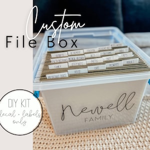 May include: A clear plastic file box with a white label that says "Newell Family". The box is filled with hanging file folders, each with a white label with a different category written on it. The categories include "Business", "Retirement", "Bills", "Tax Forms", "Pets", "Photos", "Receipts", "Manuals", "Family", "Keepsakes", "Cars", "Passwords", "House", "Important Docs", and "CDs".