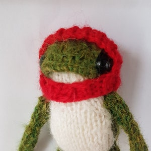 Könnte beinhalten: Ein grüner gestrickter Frosch mit einer roten Strickmütze. Der Frosch hat schwarze Augen und einen weißen Strickbauch.