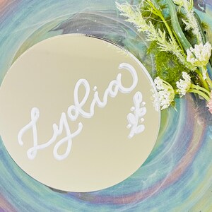 Mirror Disc | Custom Coaster Favour | Mirror Wedding Name Tag | Personalised Wedding Favour | Bridesmaid Gift | Flower Place Name Placecard