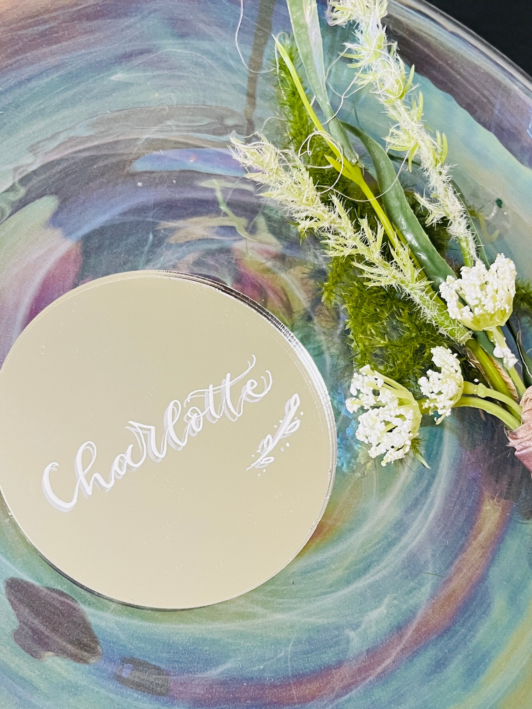 Mirror Disc | Custom Coaster Favour | Mirror Wedding Name Tag | Calligraphy Wedding Favour | Bridesmaid Gift | Flower Place Name Placecard