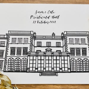 Personalised Prestwold Hall Venue Illustration | Line Drawing Venue Illustration | Bespoke Wedding Day Gift | Christmas Gift Sketch Drawing