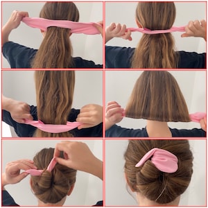 May include: A step-by-step guide on how to create a bun hairstyle using a pink fabric hair scrunchie. The images show a person with long hair, starting with a ponytail, then twisting the hair into a bun, and finally securing the bun with the scrunchie.