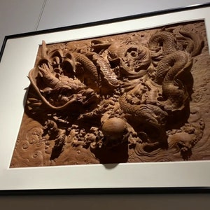 Dragon Playing with Pearl - Wood Carving Hanging Picture