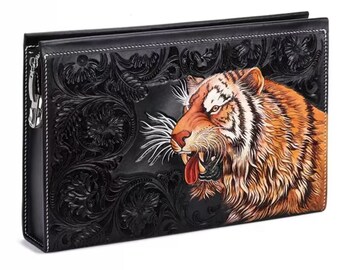 Tiger Handbag - Italian Frans Class A cowhide Handmade Hand Carved Leather Genuine