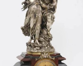 Antique French 19th Century Large Figure Sculpture Clock Bronze Silver Plated