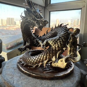 Dragon Lying on a Coin NEW ver. - bronze or brass ornament handmade home and office decoration