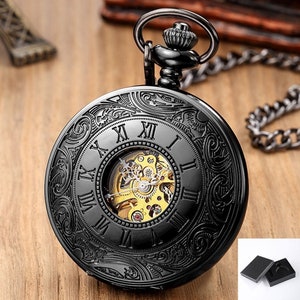 Pocket Watch Chain Box Half Hunter Skeleton Vintage Mechanical Pocket Watches Man Black Gold Steampunk Taschenuhr Montre Gousset De Poche