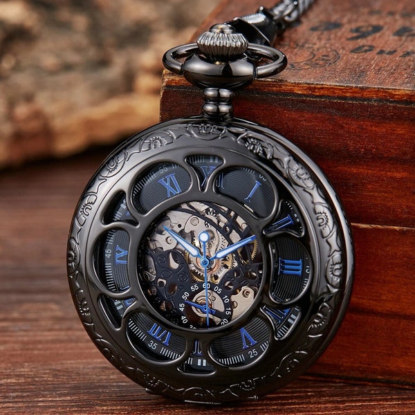 Taschenuhr mit Kettenkasten, halbes Hunter-Skelett, Vintage-Stil, mechanische Taschenuhren, Herren, Schwarz, Blau, Steampunk, Taschenuhr, Montre Gousset De Poche