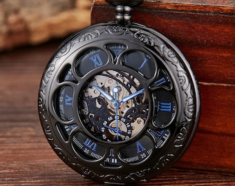 Reloj De Bolsillo Caja De Cadena Half Hunter Skeleton Relojes De Bolsillo Mecánicos Vintage Hombre Negro Azul Steampunk Taschenuhr Montre Gousset De Poche