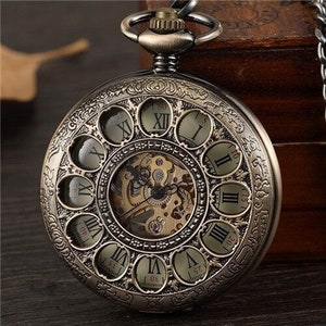 Montre de poche chaîne boîte demi chasseur squelette vintage montres de poche mécaniques homme Bronze vert Steampunk Taschenuhr Montre Gousset De Poche