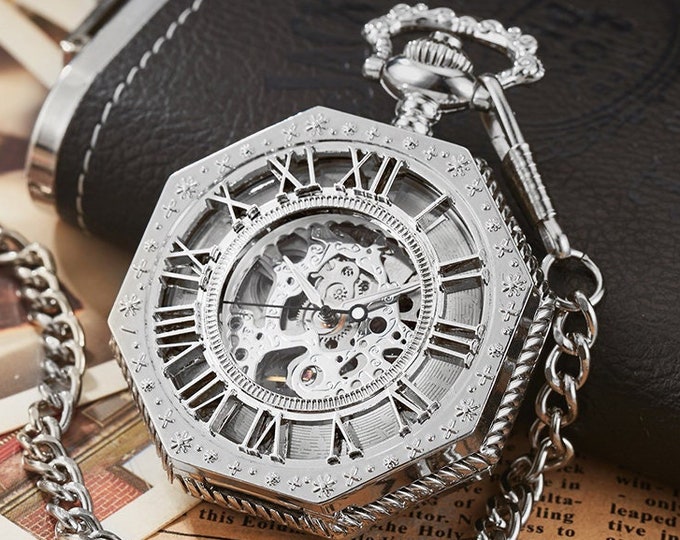 Pocket Watch Chain Box Half Hunter Skeleton Vintage Mechanical Pocket Watches Man Silver Ladies Steampunk Taschenuhr Montre Gousset De Poche