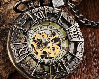 Reloj de bolsillo Caja de cadena Medio cazador Esqueleto Vintage Relojes de bolsillo mecánicos Hombre Bronce Negro Steampunk Taschenuhr Montre Gousset De Poche