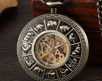 Montre De Poche Chaîne Boîte Demi Chasseur Squelette vintage Mécanique Montres De Poche Homme Bronze Or Steampunk Taschenuhr Montre Gousset De Poche