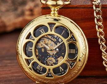 Pocket Watch Chain Box Half Hunter Skeleton Vintage Mechanical Pocket Watches Man Gold Black Steampunk Taschenuhr Montre Gousset De Poche