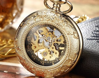 Montre de poche Chain Box Double Half Hunter Skeleton vintage Montres de poche mécaniques Homme Gold Steampunk Taschenuhr Montre Gousset De Poche