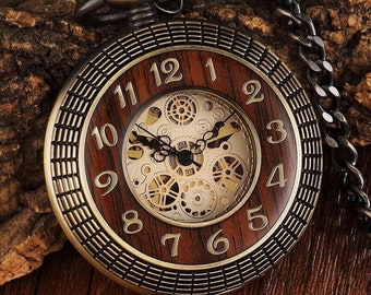 Montre de poche chaîne boîte demi chasseur squelette vintage montres de poche mécaniques homme Bronze en bois Steampunk Taschenuhr Montre Gousset De Poche