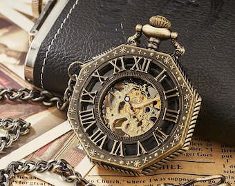 Reloj De Bolsillo Caja De Cadena Half Hunter Skeleton Relojes De Bolsillo Mecánicos Vintage Hombre Bronce Oro Steampunk Taschenuhr Montre Gousset De Poche