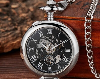 Reloj de bolsillo hombres regalo aniversario cumpleaños boda Usher padrino Navidad relojes de bolsillo Reino Unido presente cadena plata negro medio cazador