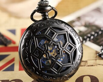 Pocket Watch Chain Box Half Hunter Skeleton Vintage Mechanical Pocket Watches Man Black Blue Steampunk Taschenuhr Montre Gousset De Poche