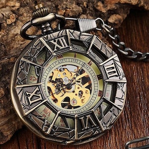 Pocket Watch Chain Box Half Hunter Skeleton Vintage Mechanical Pocket Watches Man Bronze Black Steampunk Taschenuhr Montre Gousset De Poche