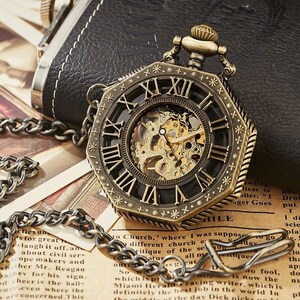 Pocket Watch Chain Box Half Hunter Skeleton Vintage Mechanical Pocket Watches Man Bronze Gold Steampunk Taschenuhr Montre Gousset De Poche