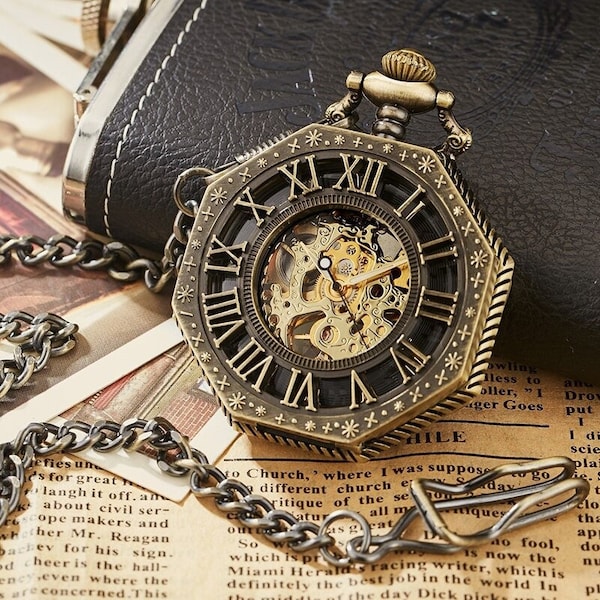 Pocket Watch Chain Box Half Hunter Skeleton Vintage Mechanical Pocket Watches Man Bronze Gold Steampunk Taschenuhr Montre Gousset De Poche