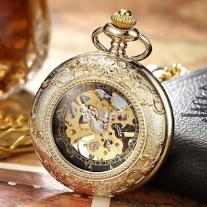 Pocket Watch Chain Box Double Half Hunter Skeleton Vintage Mechanical Pocket Watches Man Gold Steampunk Taschenuhr Montre Gousset De Poche