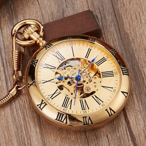 Pocket Watch Chain Box Open Face Skeleton Vintage Mechanical Pocket Watches Man Gold Automatic Steampunk Taschenuhr Montre Gousset De Poche