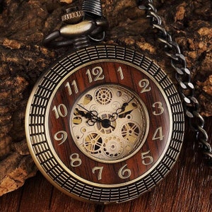 Pocket Watch Chain Box Half Hunter Skeleton Vintage Mechanical Pocket Watches Man Bronze Wooden Steampunk Taschenuhr Montre Gousset De Poche