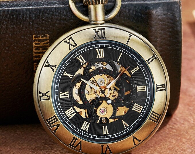 Pocket Watch Chain Box Open Face Skeleton Vintage Mechanical Pocket Watches Man Gold Black Steampunk Taschenuhr Montre Gousset De Poche