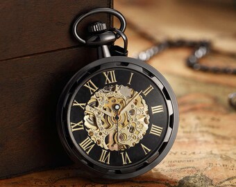 Taschenuhr, Geschenk für Herren, Jahrestag, Geburtstag, Hochzeit, Trauzeuge, Valentinstag, Taschenuhren aus Großbritannien, Geschenkkette, Steampunk, Schwarzgold, offenes Zifferblatt