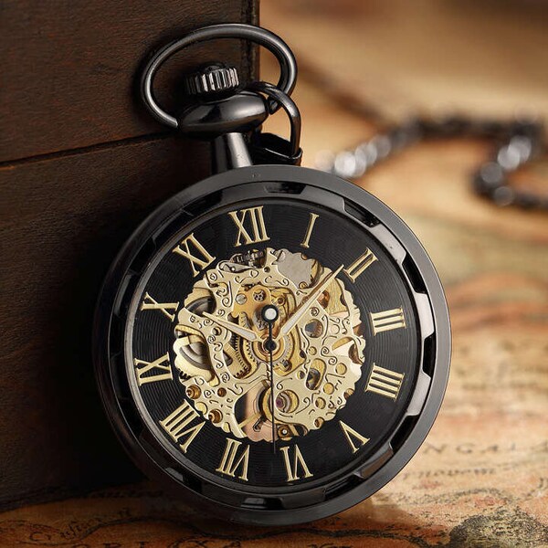 Montre de poche pour homme, cadeau d'anniversaire, mariage, garçon d'honneur, saint valentin, montres de poche, cadeau britannique, chaîne steampunk, or noir, visage ouvert