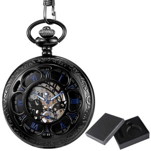 Pocket Watch Chain Box Half Hunter Skeleton Vintage Antique Mechanical Pocket Watches Man Blue Black Steampunk Ladies  Automatic Taschenuhr Herren Mechanisch Montre Gousset Homme Montre De Poche Reloj De Bolsillo Zakhorloge Orologio Da Taschino UK