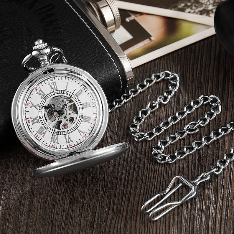 Pocket Watch Mens Gift Anniversary Birthday Wedding Usher Groomsman Christmas Present Pocket Watches UK Chain Silver Black Full Hunter zdjęcie 4