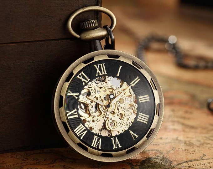 Pocket Watch Chain Box Skeleton Vintage Mechanical Pocket Watches Man Bronze Black Steampunk Taschenuhr Montre Gousset De Poche Open Face