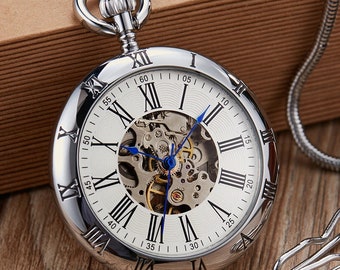 Montre de poche homme cadeau anniversaire mariage Usher garçon d'honneur Noël montres de poche Royaume-Uni cadeau chaîne Steampunk argent visage ouvert