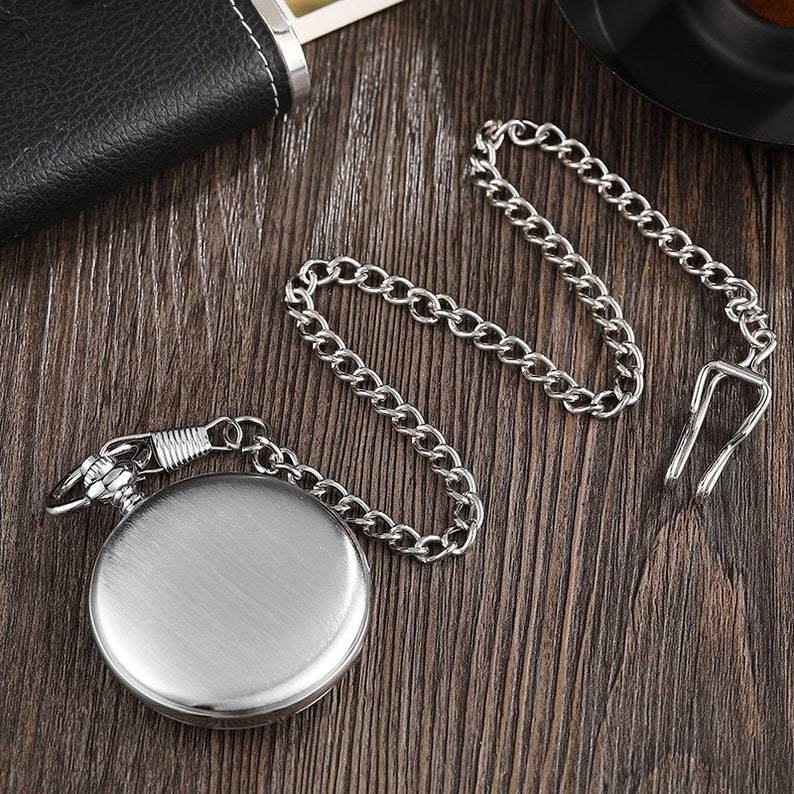 Pocket Watch Mens Gift Anniversary Birthday Wedding Usher Groomsman Christmas Present Pocket Watches UK Chain Silver Black Full Hunter zdjęcie 6